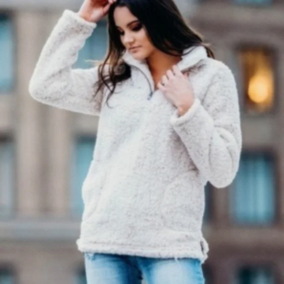 Cozy Oatmeal Teddy Zipper Pullover Sweater Top - Picture 3 of 3